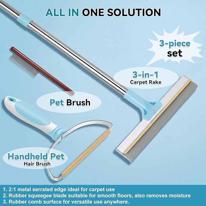 Carpet Rake for Pet Hair Removal Tool, Reusable Pet Hair Rake with 63” Adjustable Long Handle, Cat Dog Hair Remover Carpet Broom and Scraper, for Carpets, Rugs, Mats, Couch, Furniture, Car