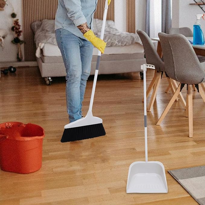 ULTECHNOVO Broom and Dustpan Set for Home - 35" Long Handle Broom with Upright Standing Dust Pan Combo - Angled Soft Bristle Sweeper for Indoor Kitchen Office Floor Cleaning, Grey