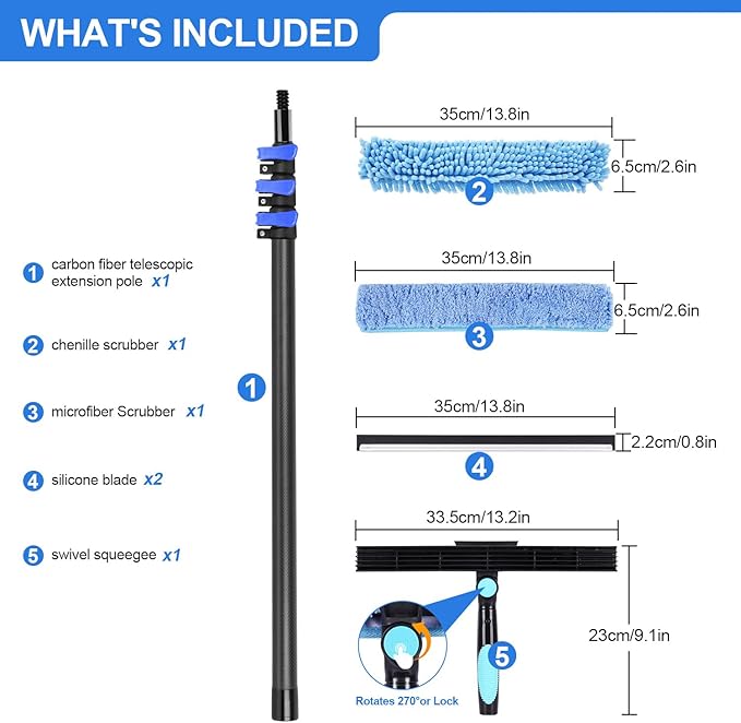 DOBEN 12-Foot Carbon Fiber Window Cleaner Tool with Telescopic Extension Pole, Rotating Scrubber & Squeegee - Durable Lightweight Design for Indoor/Outdoor Glass Cleaning