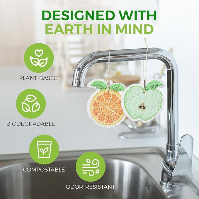 AIRNEX Biodegradable Cellulose Compressed Sponges Bulk - Fruit Shaped Kitchen Pack of 12 - Eco Friendly, Odor Free, Natural, Pop Up Compostable Scrubbers for Washing Dishes