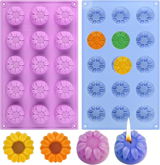 2PCS Flower Silicone Soap Molds, 15 Cavities Small Daisy Flower Soap Mold for Homemade Craft Soap Mold, Jelly, Cake, Mousse, Ice Cream Tray Baking Mold (Blue+Purple)