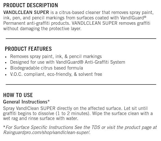 Rain Guard Water Sealers VG-7301 1 gal Ready to Use Vandlclean Super Graffiti Remover Spray is a Biodegradable Graffiti Remover Designed to Dissolve Spray Paint, Clear, Bottle