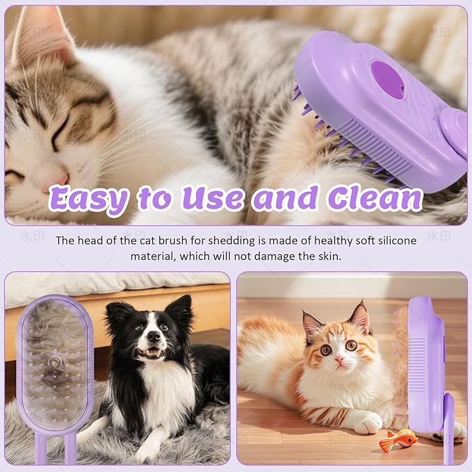 Secrtji 4 in 1 Cat & Dog Steam Brush Kit with 2 Comb Heads - Rechargeable Grooming Brush for Long/Short Hair Shedding, Anti-Static Steam Spray & Foldable Handle, Pet Spa Cleaning Tool (Purple)