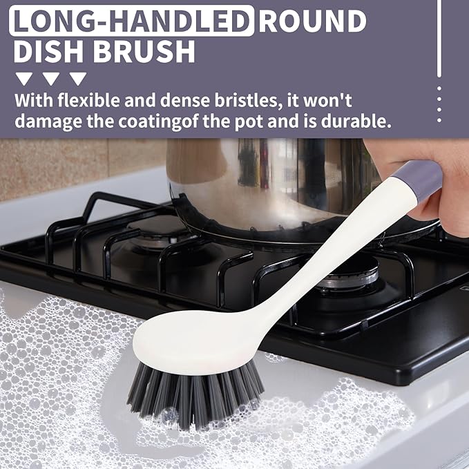 Xicennego 3 Pack Kitchen Cleaning Brush Set,1 Pot and Dish Cleaning Brush with Long Handle,1 Kitchen and Bathroom Brush with Scraper Strip, 1 Hard-Bristled Brush for Sink, Countertops, Tiles（Grey