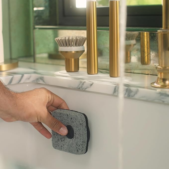 Ionic Non-Scratch Kitchen Sponge with Magnetized Holder, Dual Sided Cellulose and Scrub Pad, 3 Pack, Black/Grey