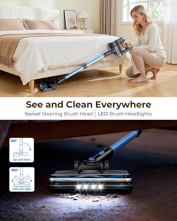 N8 Cordless Vacuum Cleaner,Lightweight Stick Vacuum with Powerful Suction,2200mAh Battery, 40 Mins Runtime,Self-Standing,Rechargeable Vacuum Cleaners for Home Hardwood Floor Carpet Pet Hair (Azure)