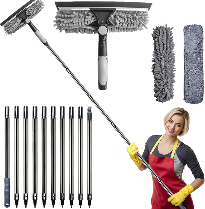20+ Feet Reach 2 in 1 Window Washing Squeegee & Duster with 3-13 ft Splicable Extension Pole // Window Cleaning Tool & Window Washer Squeegee for Home Indoor Outdoor Window Washing (Grey)