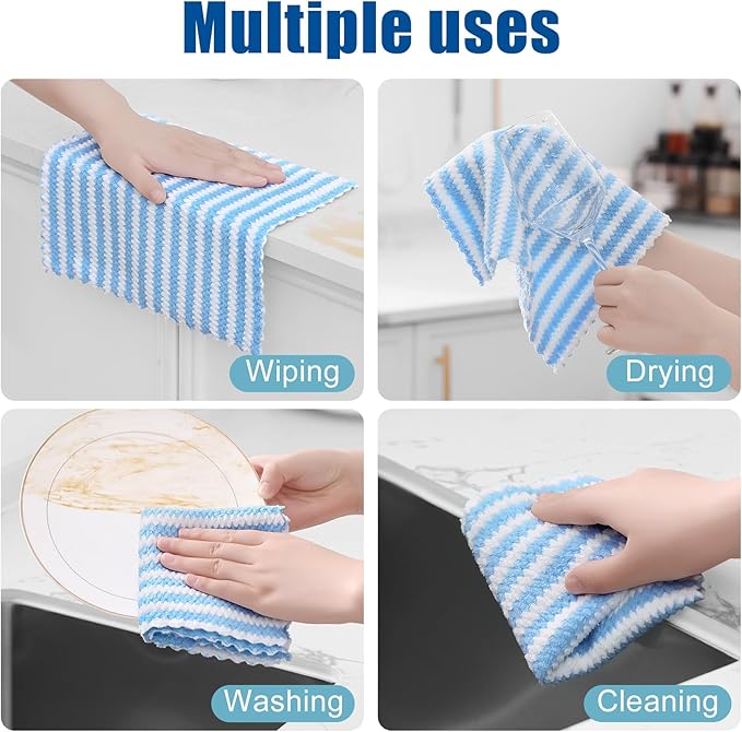 Homaxy 12 Pack Kitchen Dish Cloths, Ultra Soft and Absorbent Dish Towels, Reusable Fast Drying Microfiber Cleaning Cloth, Coral Velvet Wave Design No-lint, 10 x 10 inches, Blue/Pink/Grass Green