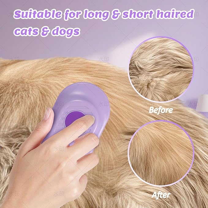Secrtji 4 in 1 Cat & Dog Steam Brush Kit with 2 Comb Heads - Rechargeable Grooming Brush for Long/Short Hair Shedding, Anti-Static Steam Spray & Foldable Handle, Pet Spa Cleaning Tool (Purple)