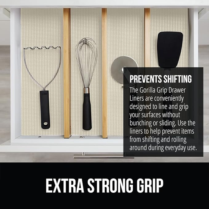 GORILLA GRIP powerGRIP Drawer Shelf and Cabinet Liner, Thick Strong Hold, Non-Adhesive Liners Protect Kitchen Cabinets and Cupboard, Bathroom Drawers, Easy Install, Breathable Mat, 12" x20', Cream