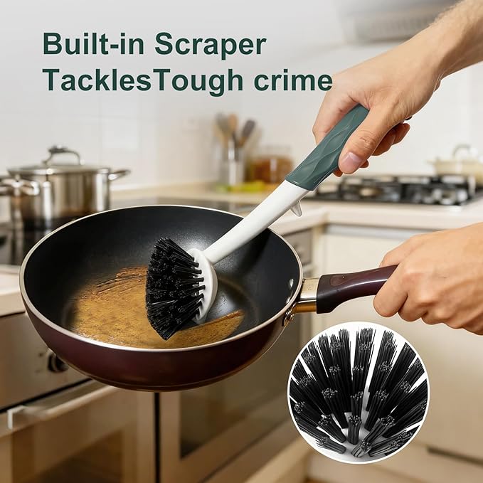 DMBMHMBDF Dish Brush, 2 Pack with Comfortable Handle, with Built-in Scraper, Scrub Brush with Stiff Bristles for Cleaning Dishes, Sink, Pots(Green)