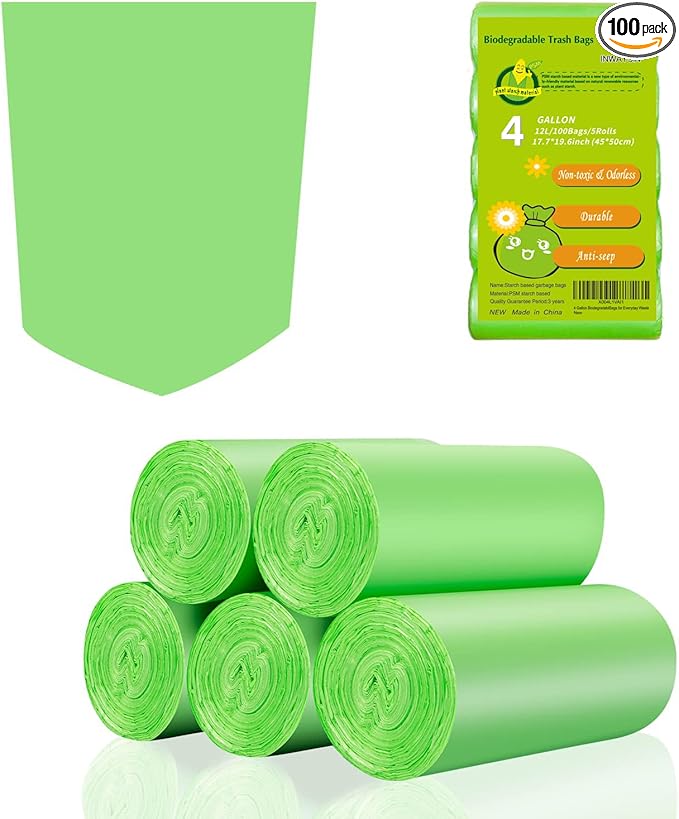 4 Gallon Biodegradable Compostable Small-Trash-Bags - Green Small Garbage Bags For Bathroom Can 100 Count Unscented Little Waste Basket Kitchen Office Car Tiny Liners Bulk Strong Thick Inwaysin