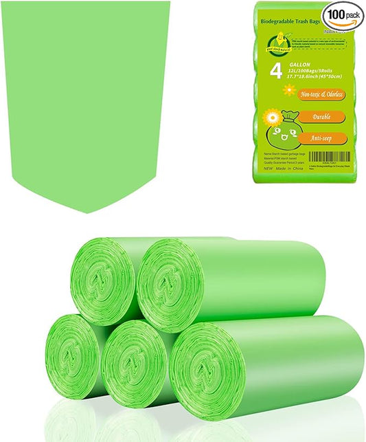 4 Gallon Biodegradable Compostable Small-Trash-Bags - Green Small Garbage Bags For Bathroom Can 100 Count Unscented Little Waste Basket Kitchen Office Car Tiny Liners Bulk Strong Thick Inwaysin