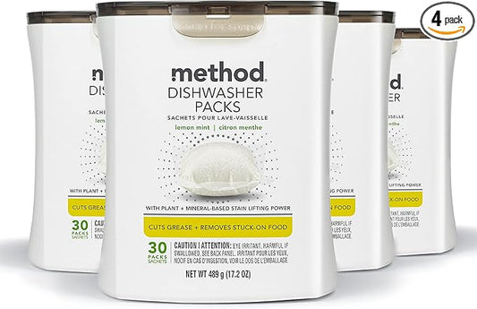 Method Dishwasher Detergent Packs, Lemon Mint, Dishwashing Rinse Aid to Lift Tough Grease and Stains, 30 Dishwasher Tabs per Package, (Pack of 4)