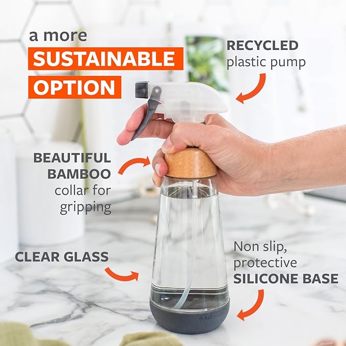 Full Circle Bottle Service-Refillable Glass Spray Bottle for Cleaning -Versatile Stream & Mist Options, Bamboo, Silicone Boot- Ideal for Non-Toxic Solutions & Plant Care, 16oz, Gray
