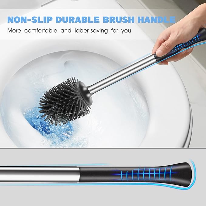 HAMITOR Toilet Bowl Brush Holder Set: Silicone Stainless Steel Deep Cleaning Toilet Cleaner Brush for Bathroom Restroom - Compact Modern Rv Toilet Scrubber Accessories with Caddy