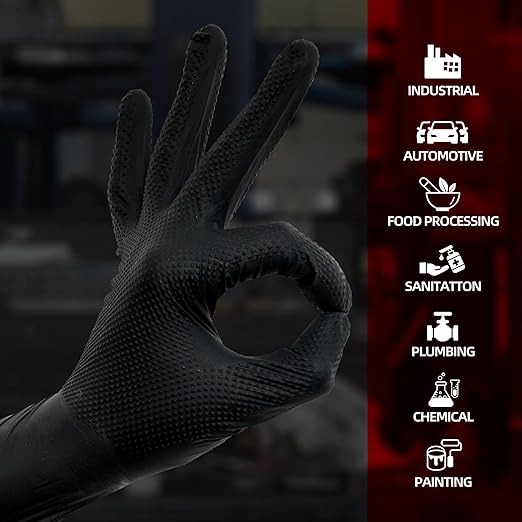 Jointown Basic Heavy Duty Nitrile Gloves, Mechanic Gloves 8 Mil Nitrile Disposable, with Raised Diamond Texture, Case of 100, Black, Medium