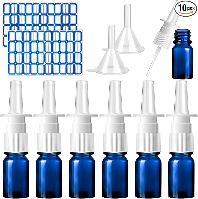 10 Pcs Nasal Spray Bottle, 5ML/0.17OZ 6 Pcs Blue Fine Mist Glass Empty Refillable Nasal Spray Bottle with 2 Pcs Funnels and 2 Pcs Labels
