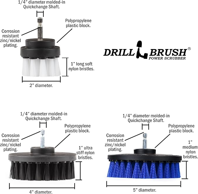 Heavy Duty Drill Brush Attachments for Cleaning Upholstery, Carpet, Automotive Interior, Leather, Metal, Bathroom, Tile, Grout, Concrete, Gravestone, Headstone - Soft Drill Brush for Car Detailing