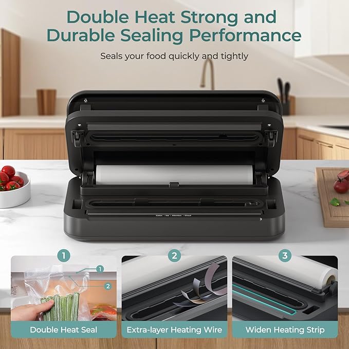 Vacuum Sealer, 90Kpa Food Vacuum Sealer Machine Built-in Cutter & Bag Storage, Food Preservation Dry/Moist/Liquid Mode, Handle Locked Design