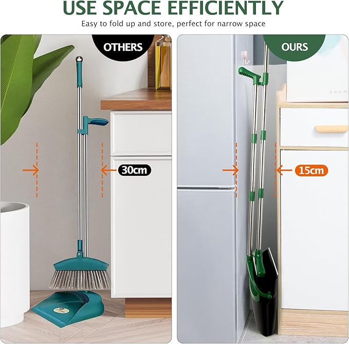 XXFLOWER Broom and Dustpan Set with Long Handle, Light Weight Stainless Steel Poles Stand Upright Dustpans with Broom Combo for Home Kitchen Office Pet Dog Hair, 1-Pack(Black Green)