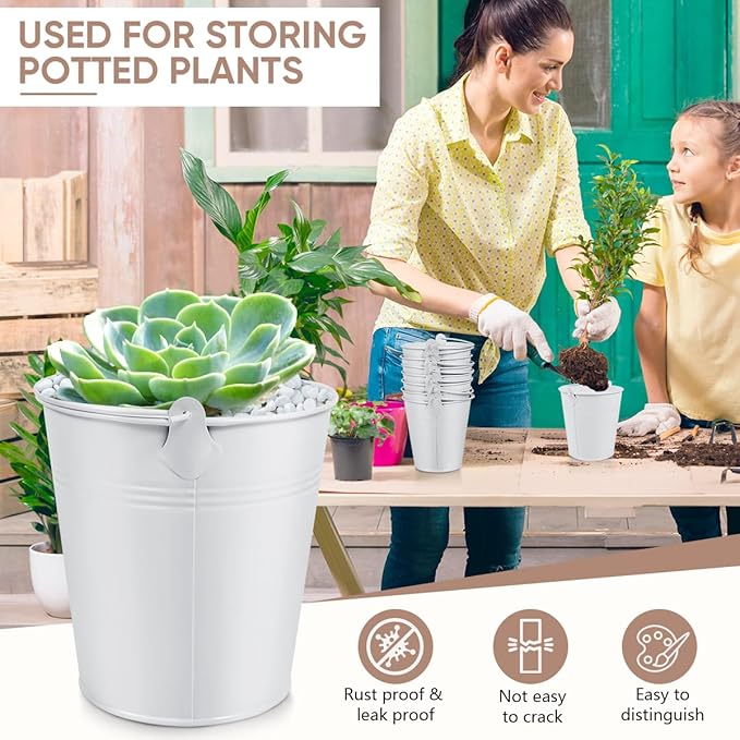 OBTANIM 7 Pack White Metal Buckets with Handle Galvanized Ice Pails for Plants, Succulents, Party Favors Organizing, Rustic Home Decor or Classrooms Pencil Storage (4 x 2.8 inch)