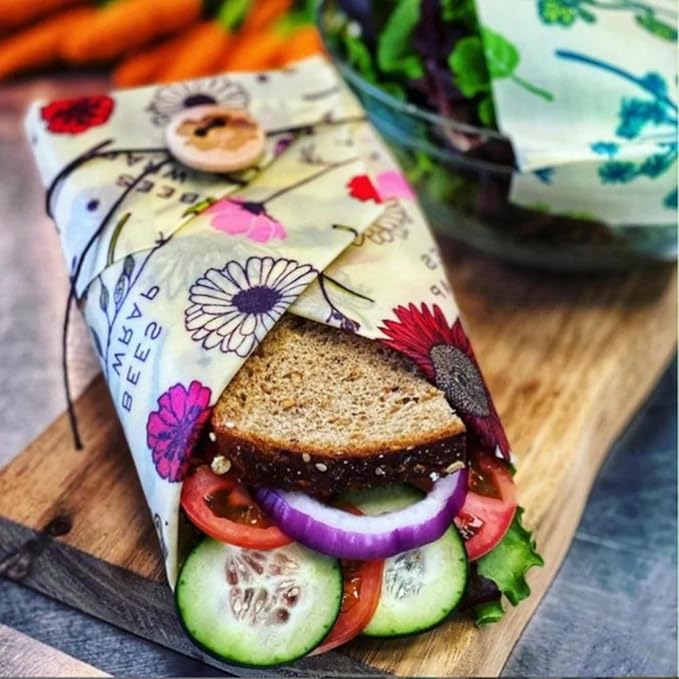 Bee's Wrap Vegan Beeswax Wraps for Food - Vegan Meadow Magic Sandwich Wrap - Made in USA Reusable Bread Bags - Organic & Eco-Friendly Alternative to Aluminum Foil, Sandwich Bags & Plastic Wrap