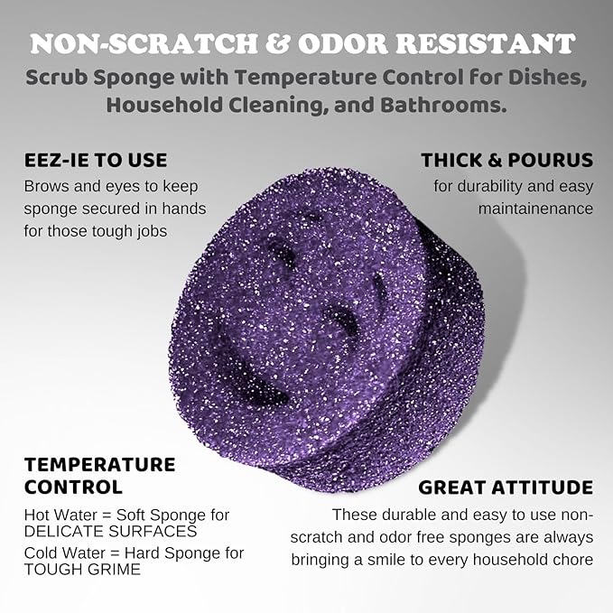 The Original Smiling Handle for Scrub Daddy (Reg. TM) Sponge and Scrub Moji Sponge - (Yellow Handle) & 3 Purple Scrub Moji's