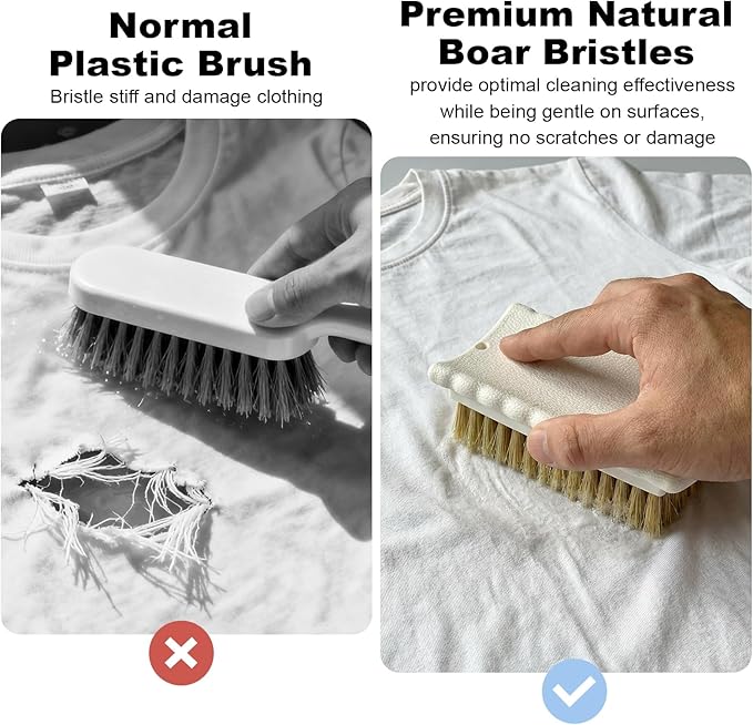 2 Pack Natural Boar Bristle Laundry Stain Brushes, Effectively Removes Tough Stains from Delicate Fabrics, Cotton, Knits & Leather - Gentle Scrubbing for Clothes, Shoes& Upholstery Without Damage