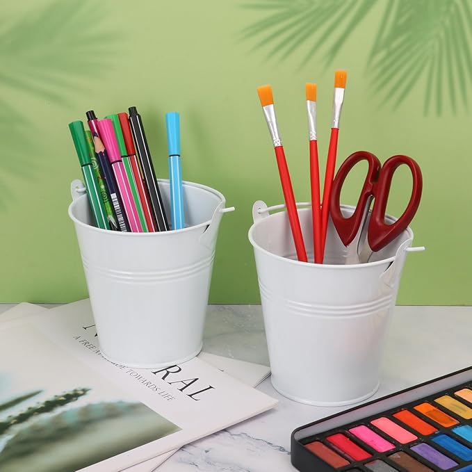 18 Pack 4" White Mini Metal Bucket, Elegant Galvanized Buckets with Handles, Tin Buckets, Small Iron Bucket, Mini Metal Pail for Party Favors, Crafts, Garden & Beach