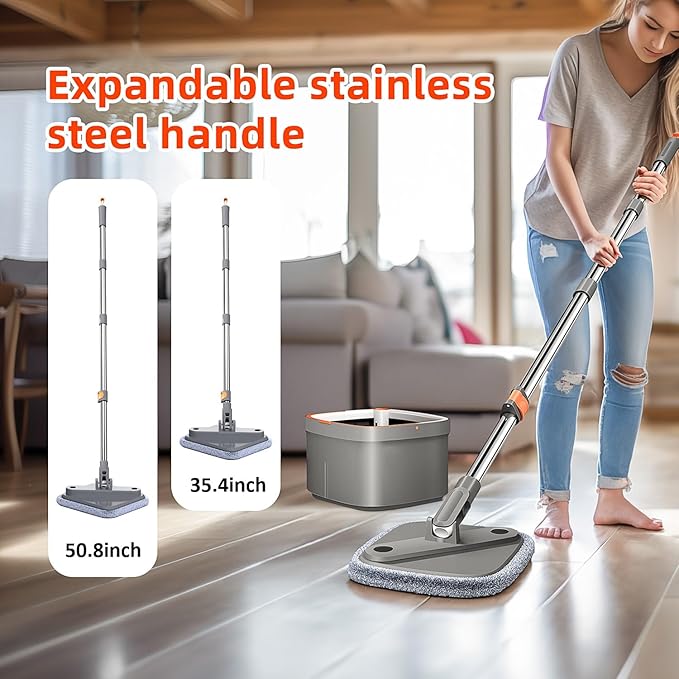 Spin Mop and Bucket Set with Self Separation System 360° Spinning Self-Wringing, Mops and Buckets for Floor Cleaning-with Replaceable Mop Cloths-2Pads-Dark Gray