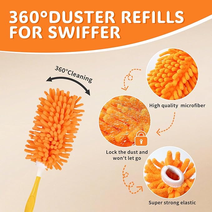 Reusable Duster Pads Compatible with Swiffer Duster, Washable 360 Dusters Heavy Duty Refills, Microfiber Dusters Refills for Swiffer 3ft 6ft Extended Handle, 2 Pack (Handle is Not Included)