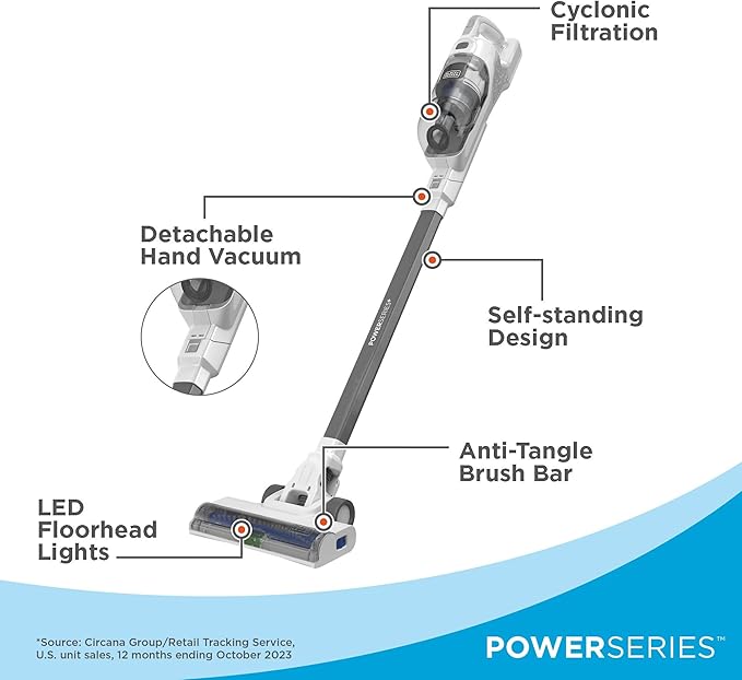BLACK+DECKER POWERSERIES 16V MAX Stick Vacuum Cordless Rechargeable with LED Lights,Portable Vacuum Cordless, Lightweight, Anti-Tangle, Self-Standing, Multi-Surface, White (BHFEA420J)