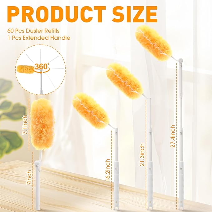 Reallnaive 60 Pcs Heavy Duty Duster Refills with One 3 ft Retractable Handle 360° Heavy Duty Dusting Kit Multi-Surface Duster Refills Disposable Microfiber Dusters Feather Kit