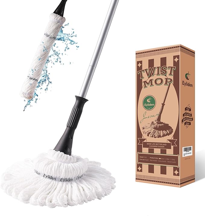 Eyliden Mop with 2 Reusable Heads, Easy Wringing Twist Mop, with 57.5 inch Long Handle, Wet Mops for Floor Cleaning, Commercial Household Clean Hardwood, Vinyl, Tile, and More