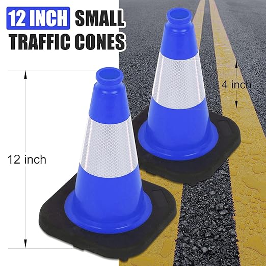 Fluorescent Orange/Green PVC Traffic Cones, Heavy Black Base Parking Lot Cone Structurally Stable Weatherproof Road Construction Safety Cones (4, Blue, 12" Small)