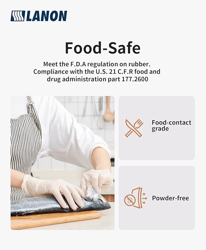 LANON 5 mil Latex Disposable Gloves, Food-Contact Grade, Powder-Free, Fully Textured, White, Small