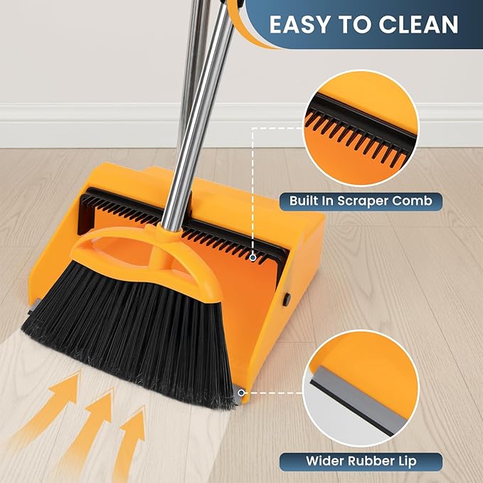 REEWII Commercial Broom and Dustpan Set，Long Handle Upright Heavy Duty Dust Pan Outdoor Indoor for Courtyards, Garages, Lobbies, Shopping Malls, Market Floors, Sidewalks, Classroom Floor Cleaning