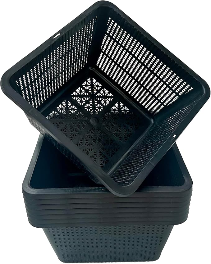 HG9SQBK 9-Inch Square Aquatic Plant Baskets, Plastic Pond Planting Containers, Black Plastic Mesh Basket for Live Aquarium Botany,Pond Plant Baskets| Pack of 8
