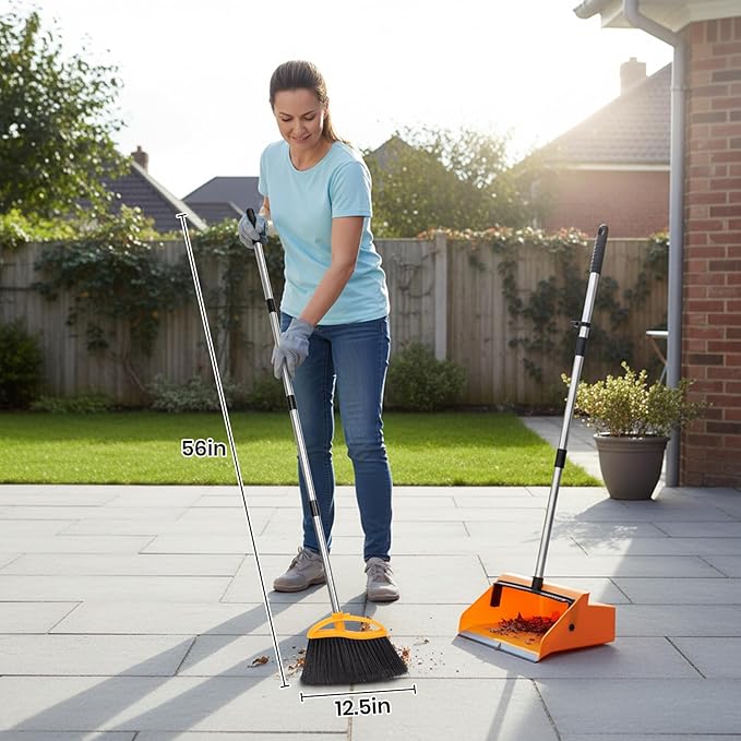 REEWII Commercial Broom and Dustpan Set，Long Handle Upright Heavy Duty Dust Pan Outdoor Indoor for Courtyards, Garages, Lobbies, Shopping Malls, Market Floors, Sidewalks, Classroom Floor Cleaning