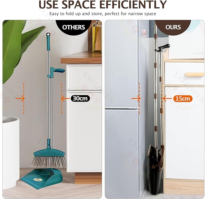 XXFLOWER Broom and Dustpan Set with Long Handle, Light Weight Stainless Steel Poles Stand Upright Dustpans with Broom Combo for Home Kitchen Office Pet Dog Hair, 1-Pack (Black Brown)