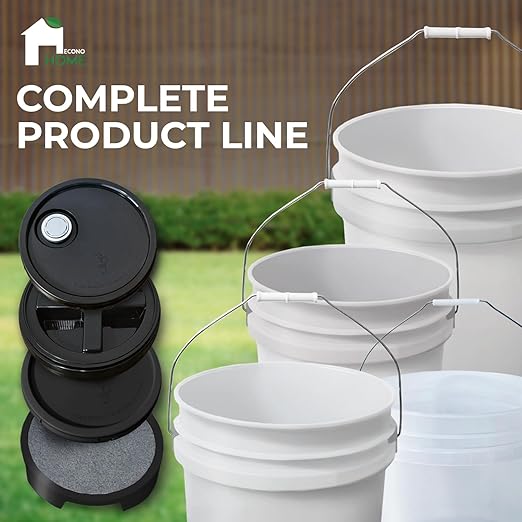 3.5-Gallon White Bucket Pail with Spout Lid, Metal Handles with Plastic Grip for Easy Carrying, Easy Stack and Store, Heavy-Duty Extra Durable, Food Grade, BPA Free - 5 Pack