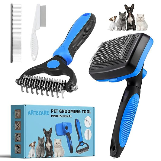 Artecare 4 in 1 Skin Friendly Grooming kit including Dematting Rakes,Self Cleaning Slicker Brush,Deshedding Brush,Flea Comb for Haired cat Dog and Small Animals.