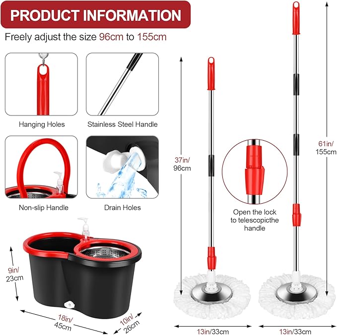 Mop and Bucket with Wringer Set, Floor Cleaning, Household Cleaning Supplies, Stainless Steel Mop Bucket, 3 Microfiber Mop Refills, 61" Extended Handle, Black/Red