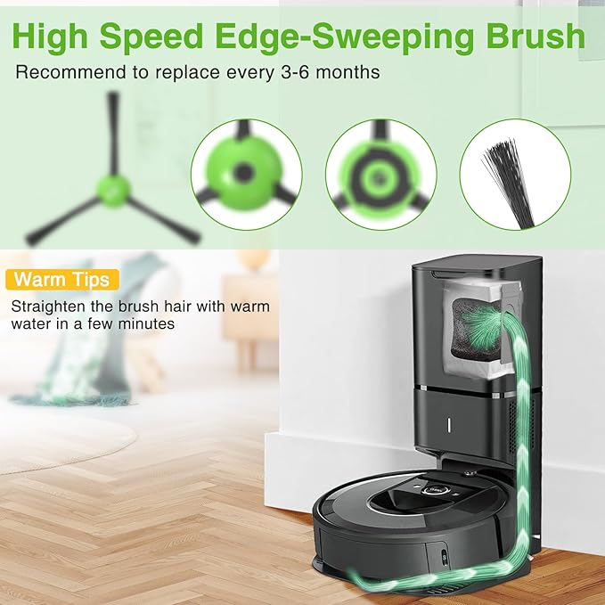 Replacement Parts for iRobot E, I & J Series, Combo i5, j5 Robot Vacuum Accessories Kit Include: 2 Set of Multi-Surface Rubber Brushes + 8 HEPA Filters + 8 Edge-Sweeping Brushes