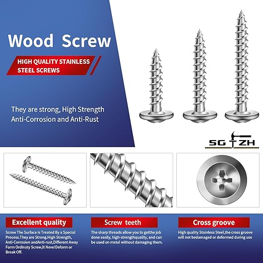 #8 x 2 Inch Wood Screw 500Pcs 410 Stainless Steel Standard Thread Truss Head Fast Self Tapping by SG TZH