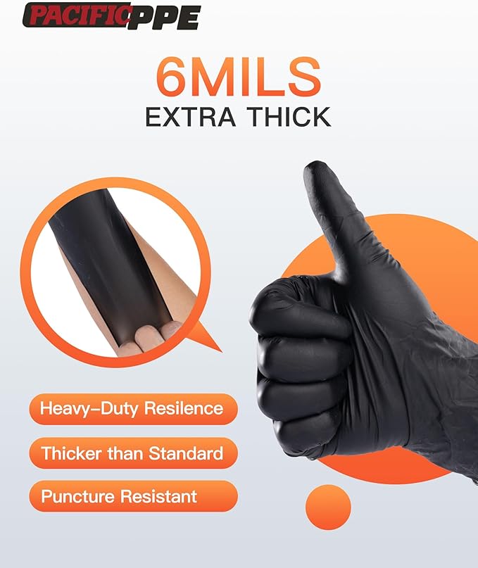 PACIFIC PPE Black Nitrile Disposable Gloves, 6 Mil, Food-Safe, Cooking & Cleaning, Powder-Free, Heavy-Duty, Textured Fingertips, 100 Count, XL
