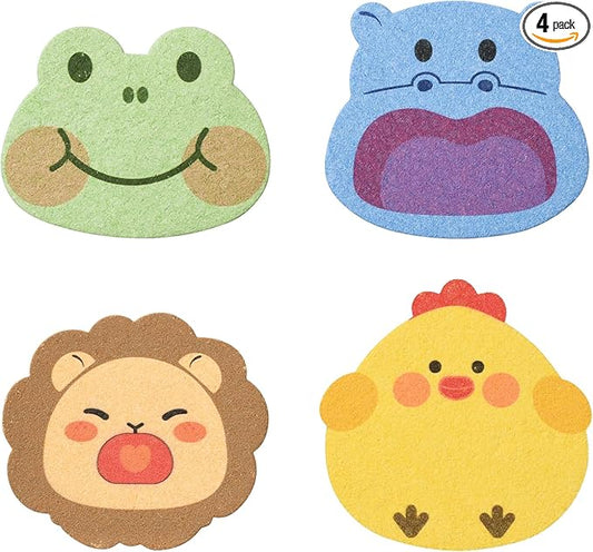 4 PCS Lovely Animal Bath Sponge for Kids,Cute Colorful Cartoon Shape Compressed Cellulose Shower Sponges for Baby,Soft and Funny(Hippo+Frog+Lion+Chicken)