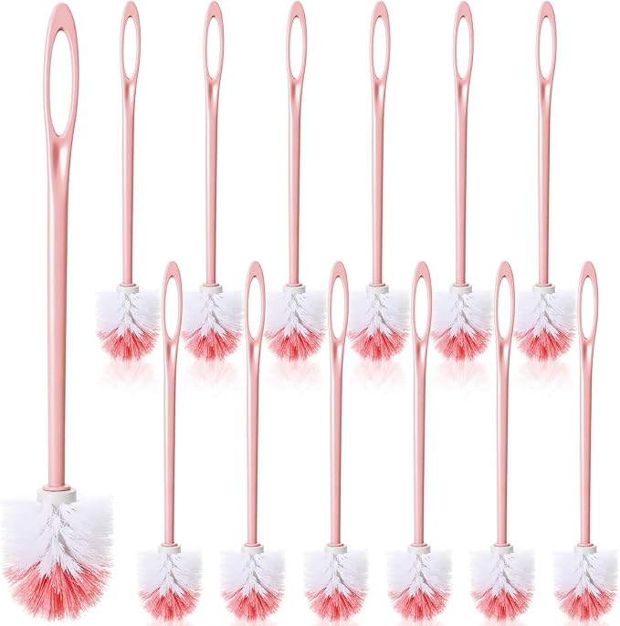 Acellegic 12 Pcs 17.3 Inch Pink Toilet Brush Bulk with Hook Hole Long Handle Toilet Bowl Cleaner Scrubber for Bathroom Household Cleaning Supplies Home Gifts
