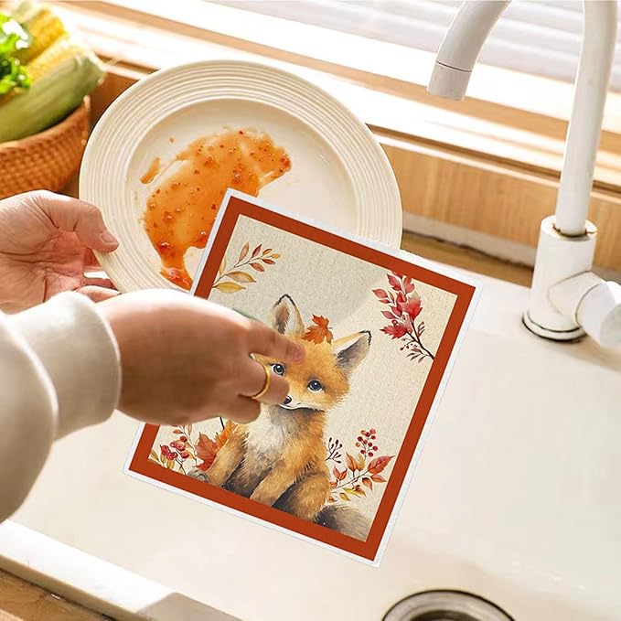 Fall Animal Swedish Dishcloths for Kitchen Cloths Towels, Cute Deer Fox Owl Squirrel Autumn Farm House Gifts 4 Pack Dish Cloths for Kitchen, Papaya Reusable Cleaning Paper Towels Washable